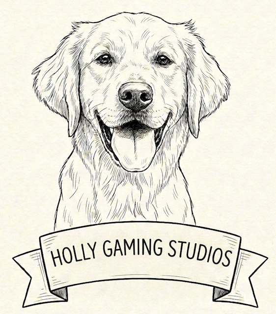 Hand-drawn Holly Gaming Studios logo featuring a golden retriever